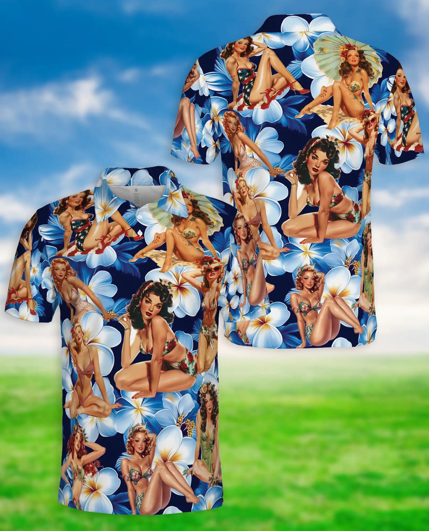 Pin Up Girl 3D Polo Shirt for Men, Vintage Floral Retro Style | Azhawaiian