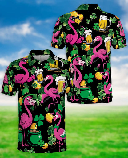 Funny Flamingo St Patrick 3D Polo Shirt for Men, Irish Beer Party Style | Azhawaiian