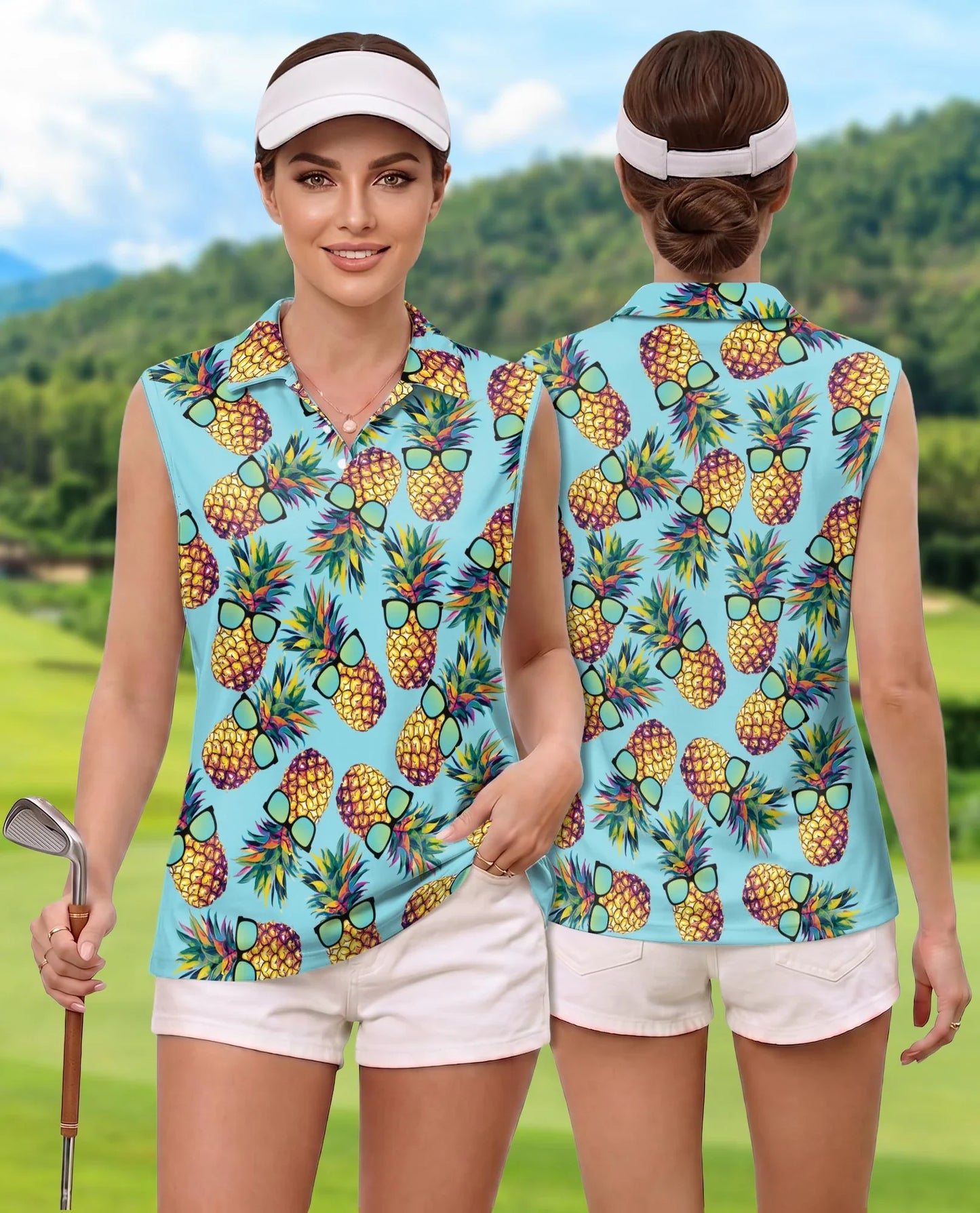Pineapple Wearing Sunglasses Tropical Sleeveless Polo Shirt for Women | Azhawaiian