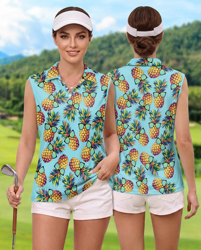Pineapple Wearing Sunglasses Tropical Sleeveless Polo Shirt for Women | Azhawaiian