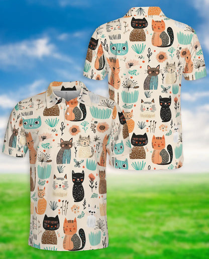 Cute Cat Polo Shirt, Cartoon Kitty Print | Azhawaiian