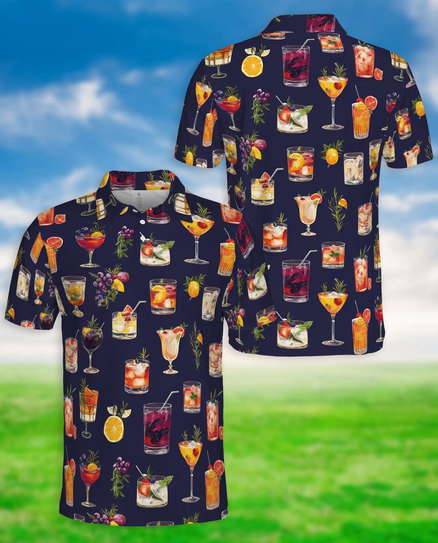 Cocktail Print Polo Shirt, Summer Drink Party Style | Azhawaiian