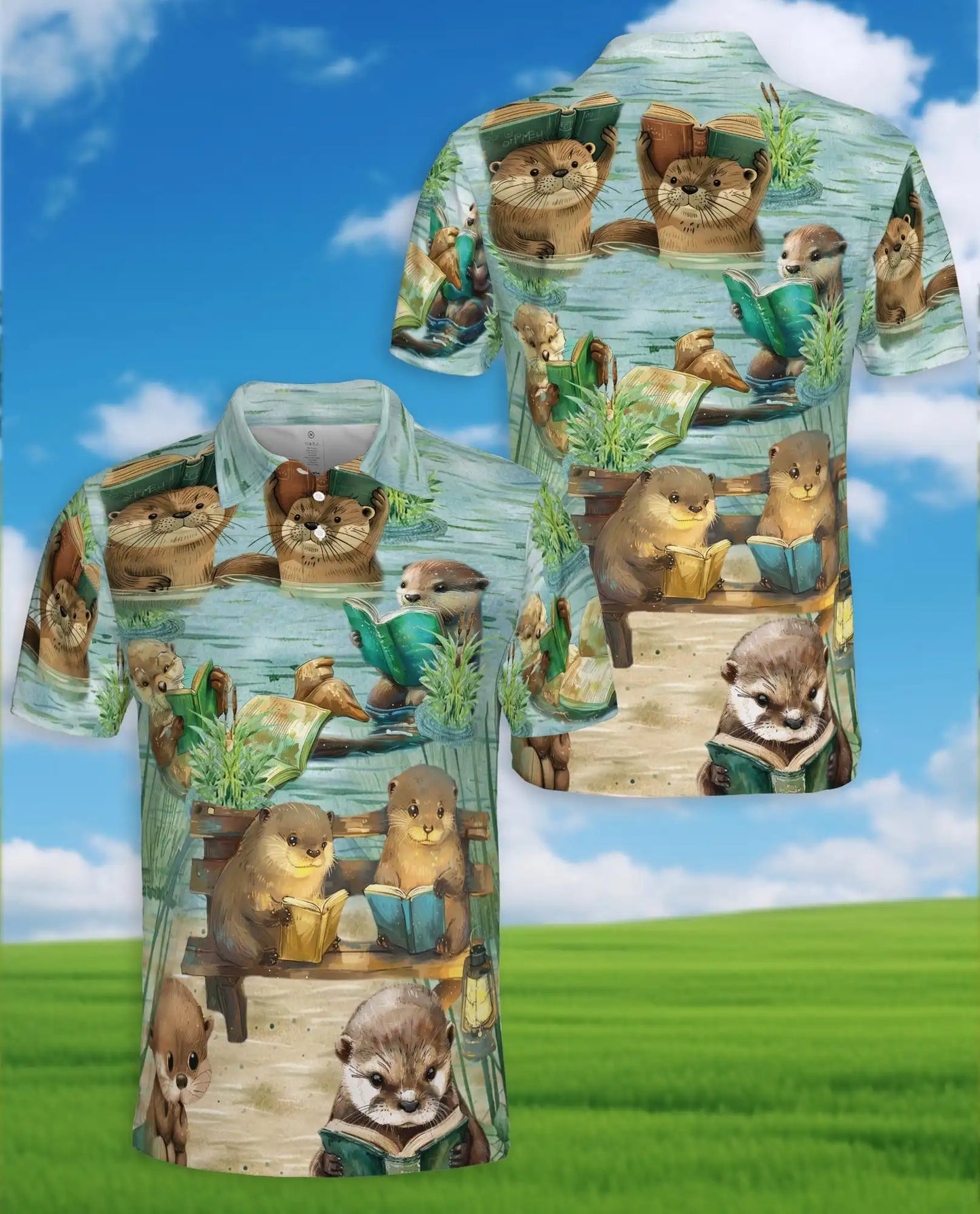 Cute Otter Reading Polo Shirt - Cozy Book Lover Animal Style | Azhawaiian