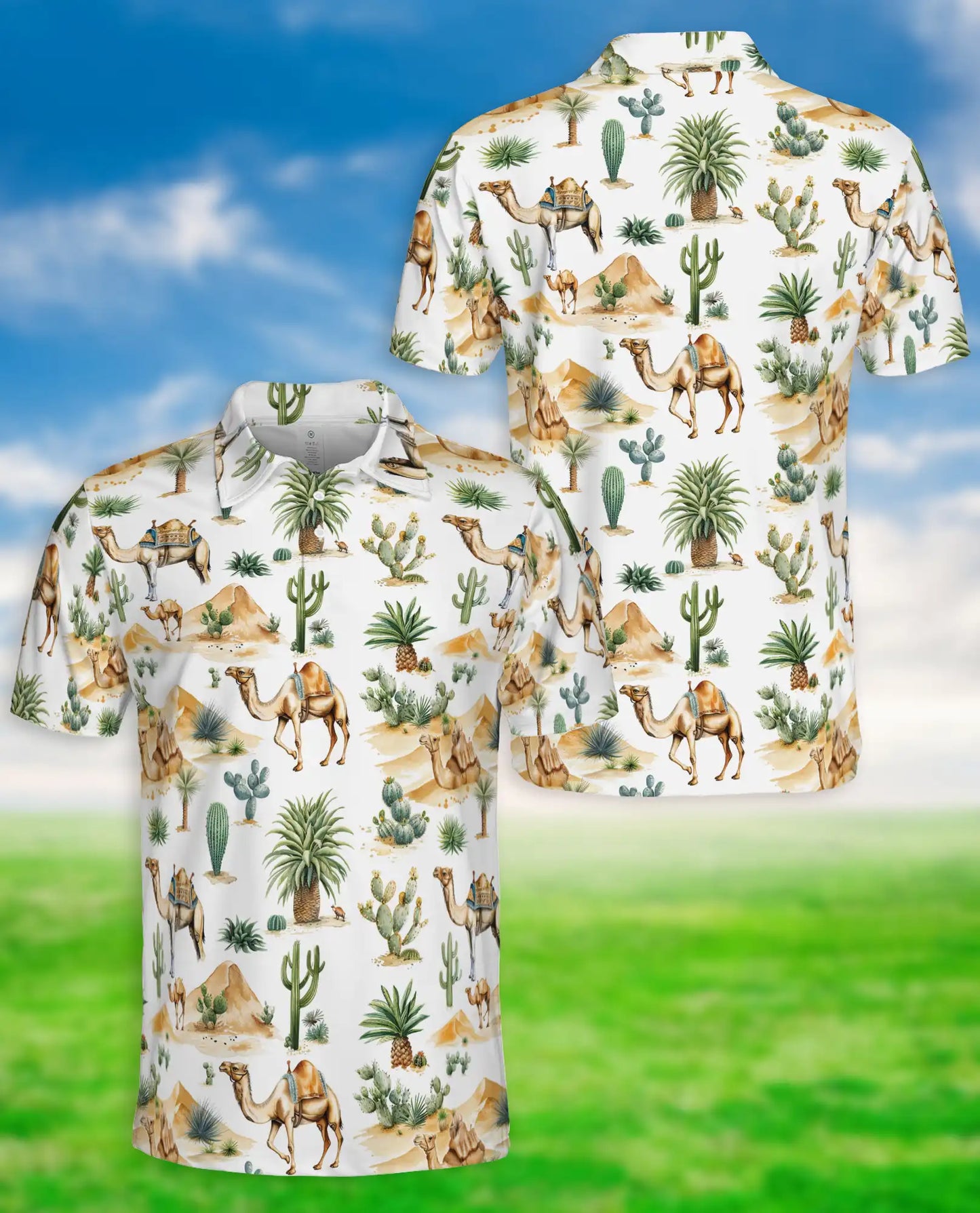 Desert Camel 3D Polo Shirt for Men, Safari Cactus Tropical Style | Azhawaiian