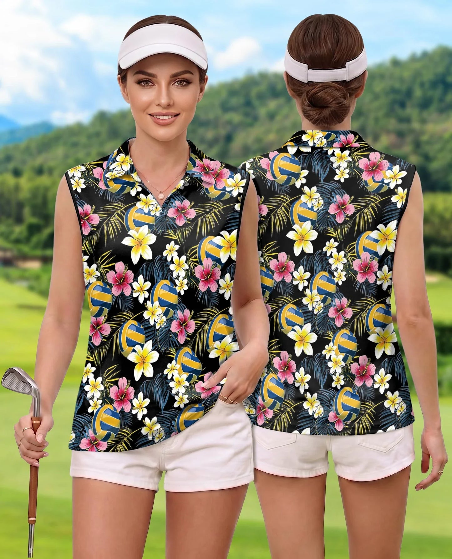 Volleyball Flower Sleeveless Polo Shirt for Women | Azhawaiian