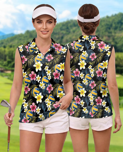 Volleyball Flower Sleeveless Polo Shirt for Women | Azhawaiian