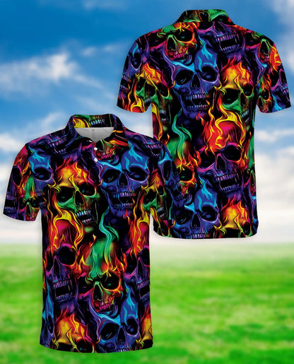 Flaming Skull Neon 3D Polo Shirt for Men | Azhawaiian