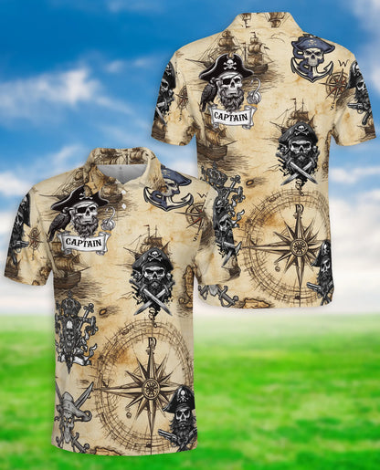 Pirate Captain 3D Polo Shirt for Men, Skull Compass Nautical Style | Azhawaiian