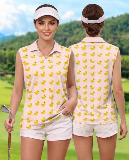 Cute Yellow Duck Sleeveless Polo Shirt for Women | Azhawaiian