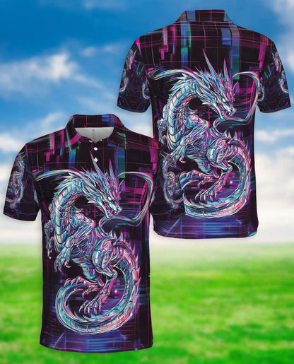 Cyber Dragon 3D Polo Shirt for Men, Neon Futuristic Fantasy Style | Azhawaiian
