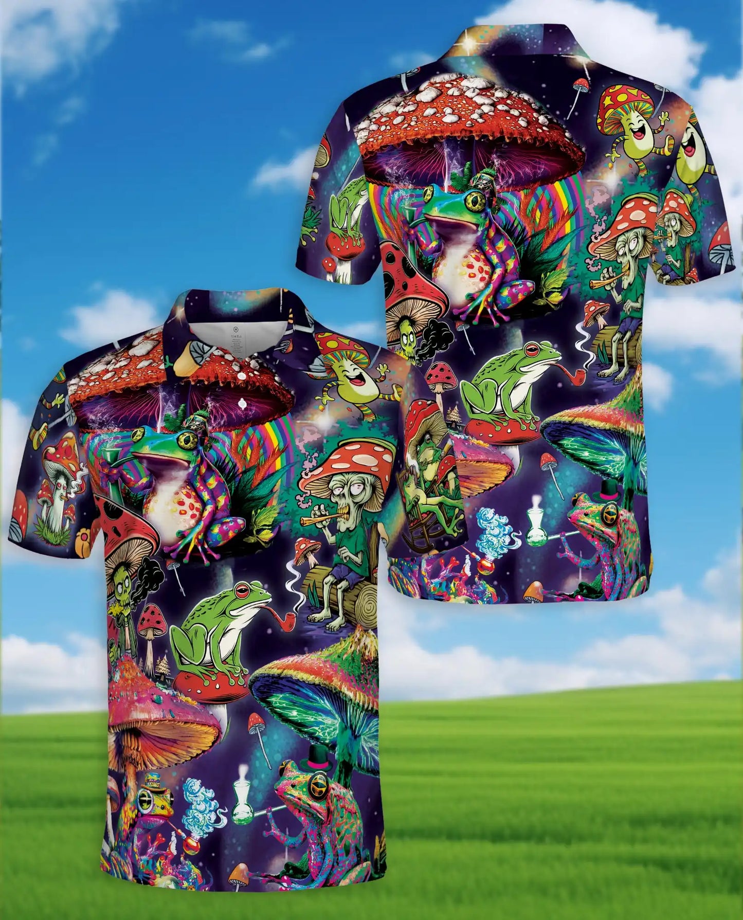Frog Mushroom Polo Shirt for Men, Colorful Trippy Design | Azhawaiian