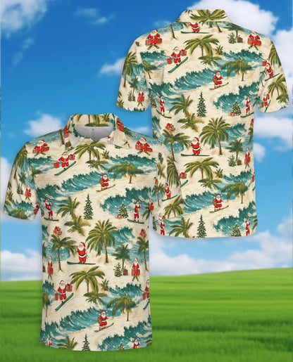 Tropical Christmas Polo Shirt, Santa Surfing Beach Print | Azhawaiian
