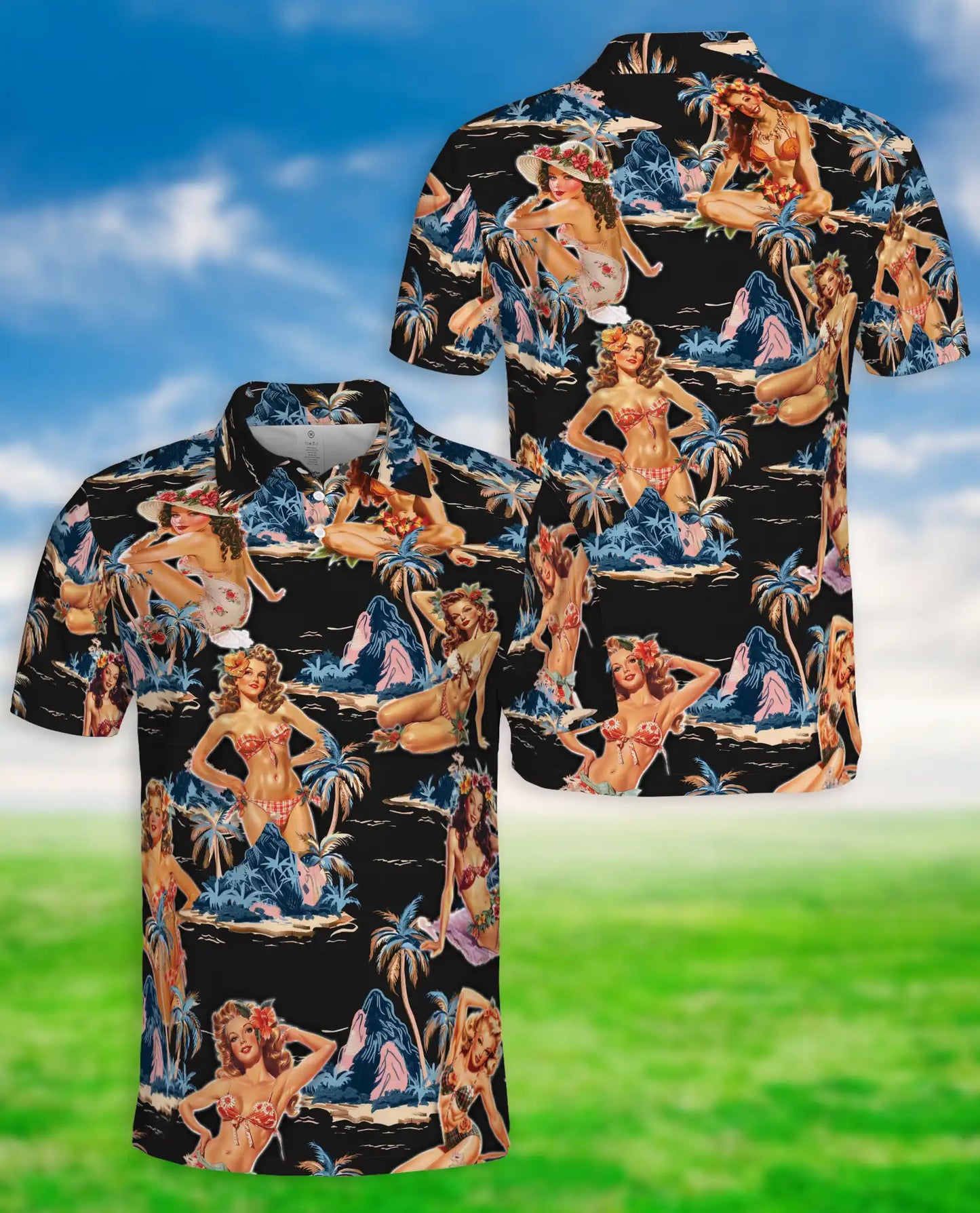 Tropical Pin Up Polo Shirt - Vintage Island Night Style | Azhawaiian
