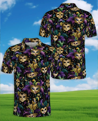 Mardi Gras Carnival Mask Hawaiian Polo Shirt for Men-Purple Green Gold Festival Party Shirt | Azhawaiian