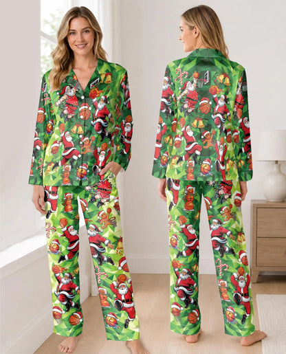 Basketball Santa Christmas Pajama Set for Women – Green Geometric Print
