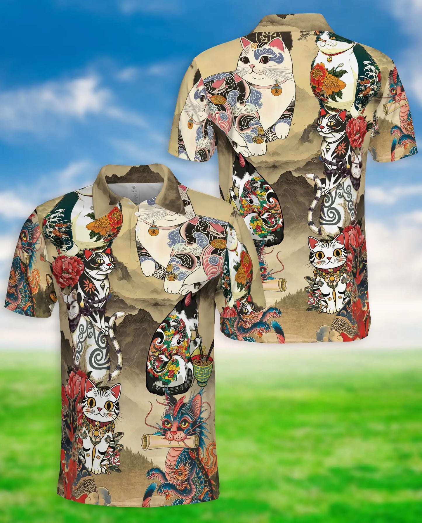 Japanese Tattoo Cat 3D Polo Shirt for Men, Asian Dragon Art Style | Azhawaiian