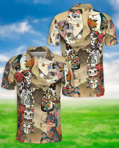 Japanese Tattoo Cat 3D Polo Shirt for Men, Asian Dragon Art Style | Azhawaiian