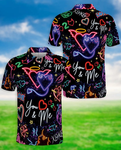 Neon Valentine Polo Shirt, Retro Love Heart Glow Print | Azhawaiian