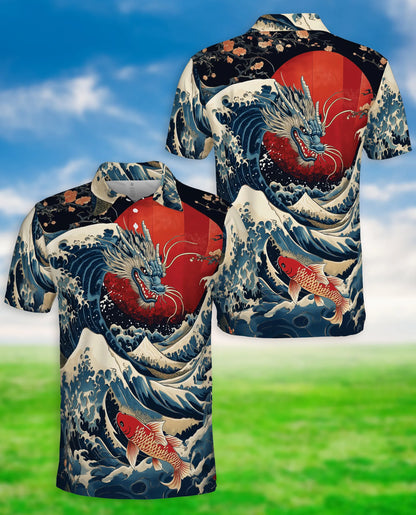 Dragon Wave 3D Polo Shirt for Men, Japanese Koi Ocean Style | Azhawaiian