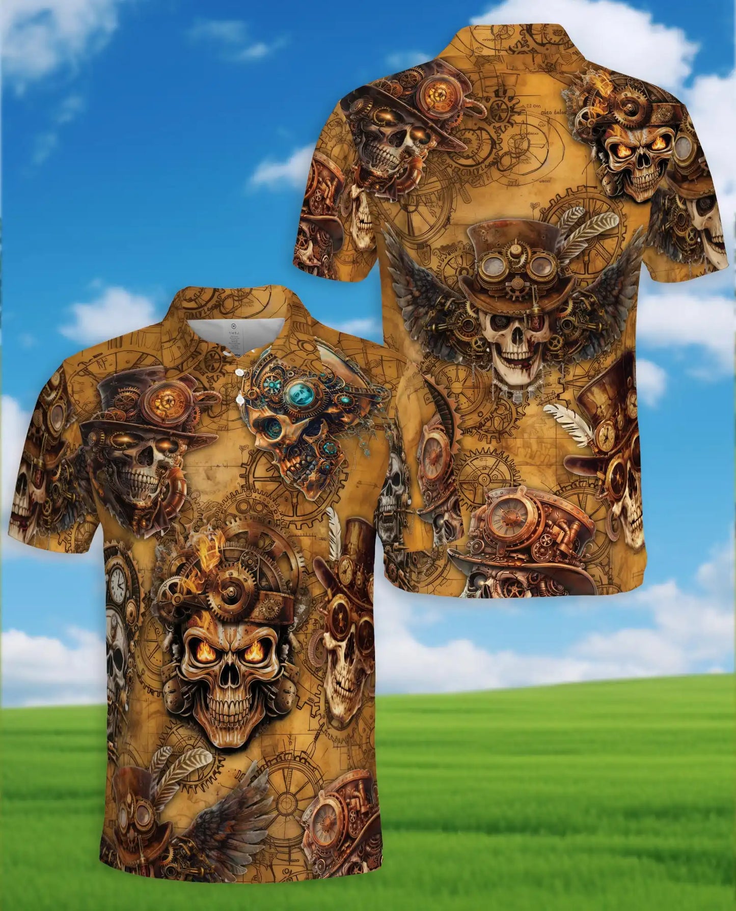 Steampunk Skull Polo Shirt for Men, Mechanical Gothic Skeleton Design | Azhawaiian