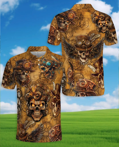 Steampunk Skull Polo Shirt for Men, Mechanical Gothic Skeleton Design | Azhawaiian