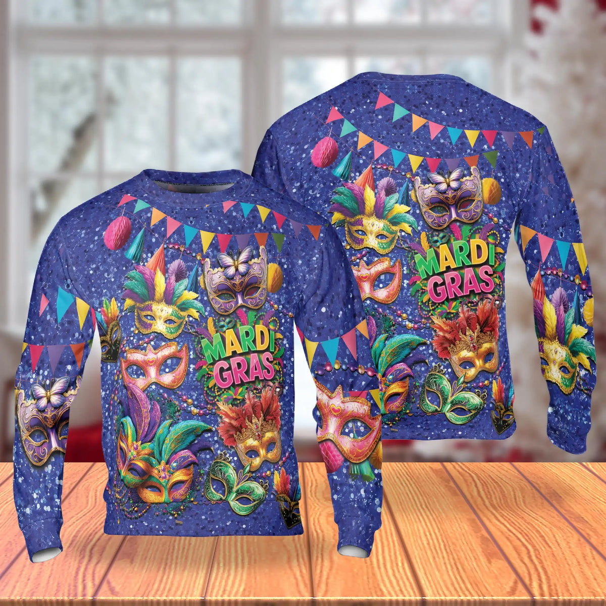 Colorful Mardi Gras Feathers and Beads Sweatshirt – Colorful Graphic 3D All Over Print Design