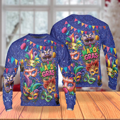Colorful Mardi Gras Feathers and Beads Sweatshirt – Colorful Graphic 3D All Over Print Design