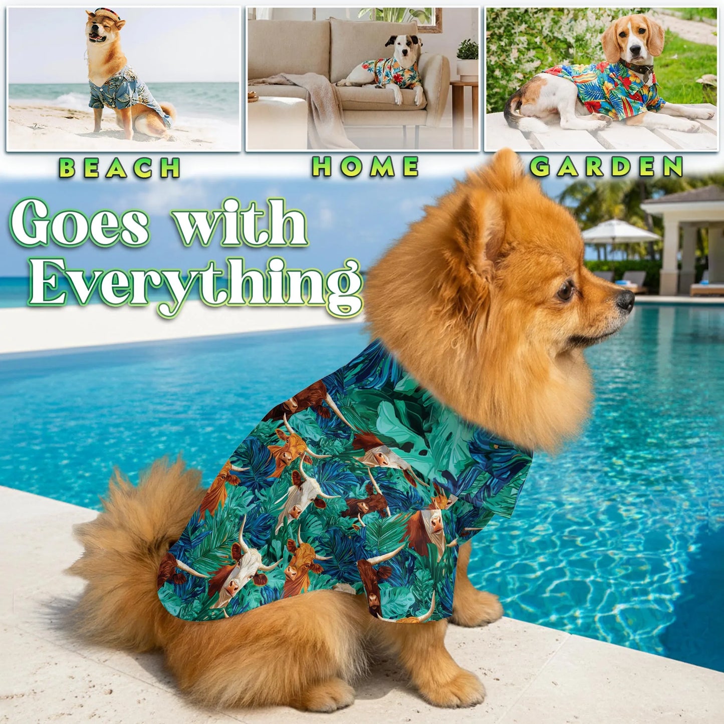 Texas Longhorn Cattle Tropical Leaf Print Matching Dog Owner Hawaiian Shirts, Funny Pet Aloha Shirt for Beach Vacation - Azhawaiian