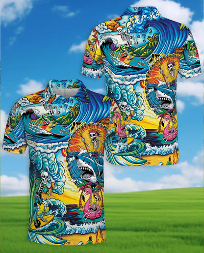 Surfing Skeleton Polo Shirt, Tropical Beach Skull Style| Azhawaiian
