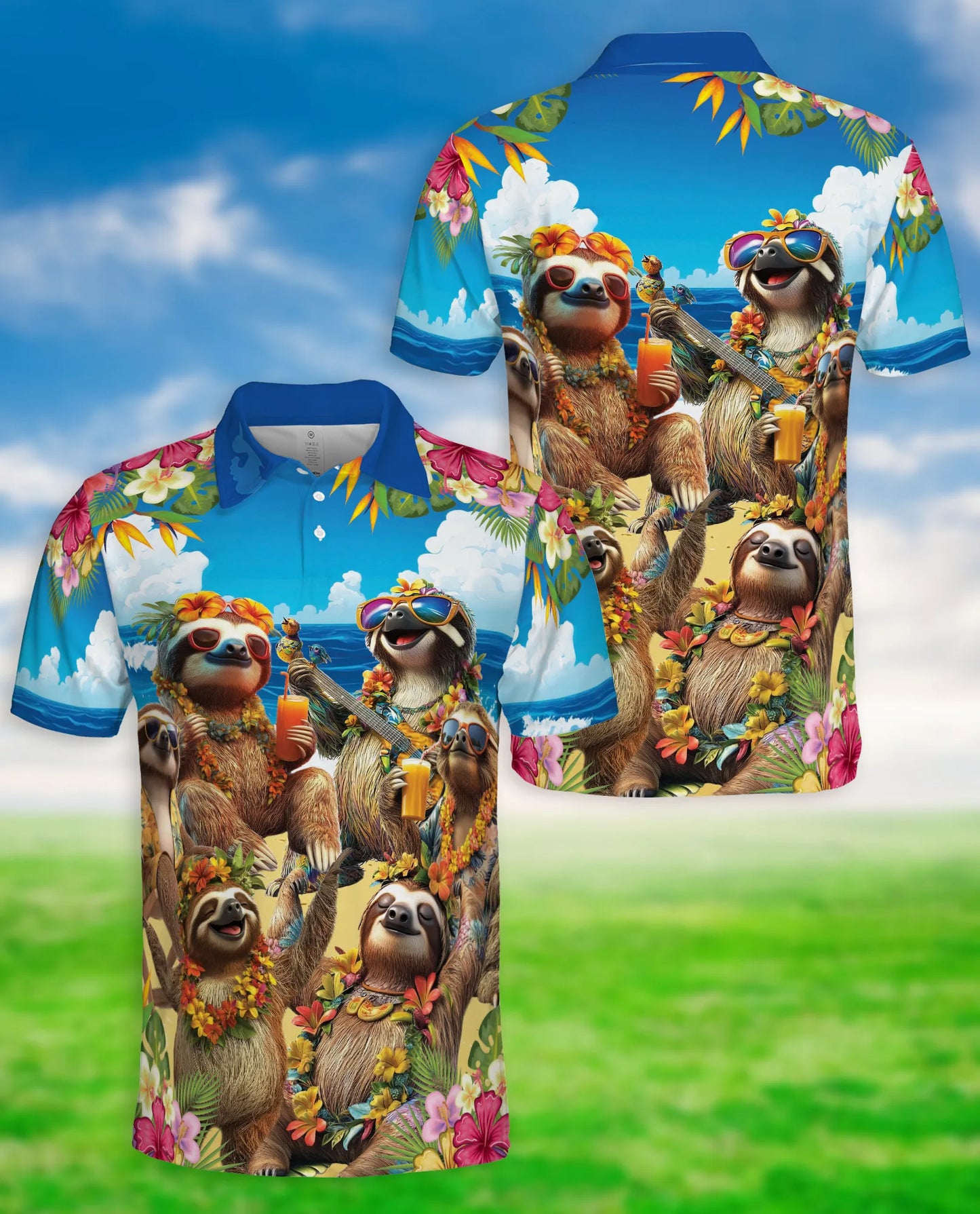 Sloth Beach Party 3D Polo Shirt for Men, Funny Tropical Animal Style | Azhawaiian