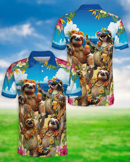 Sloth Beach Party 3D Polo Shirt for Men, Funny Tropical Animal Style | Azhawaiian