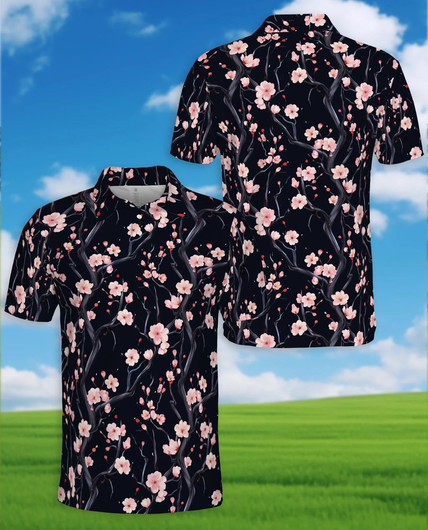Japanese Floral Polo Shirt for Men, Elegant Sakura Art Style | Azhawaiian