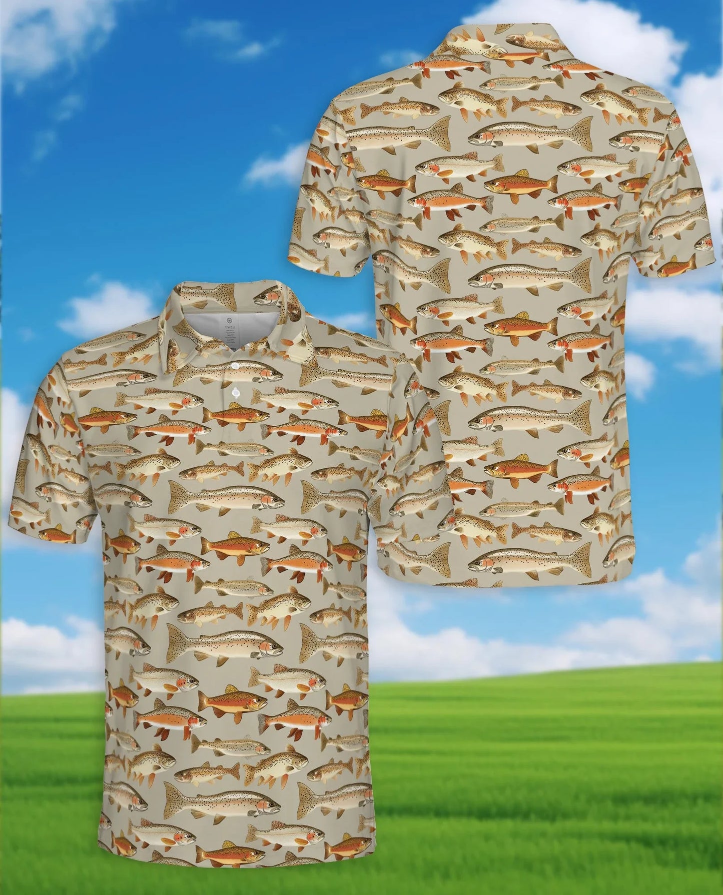 Trout Fishing Pattern Polo Shirt for Men, Outdoor Angler Style | Azhawaiian