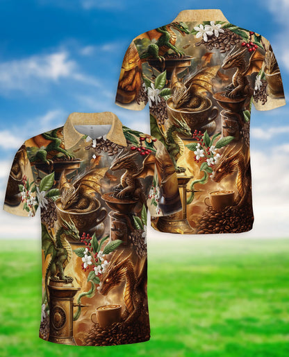Dragon Coffee 3D Polo Shirt for Men, Fantasy Espresso Art Style | Azhawaiian