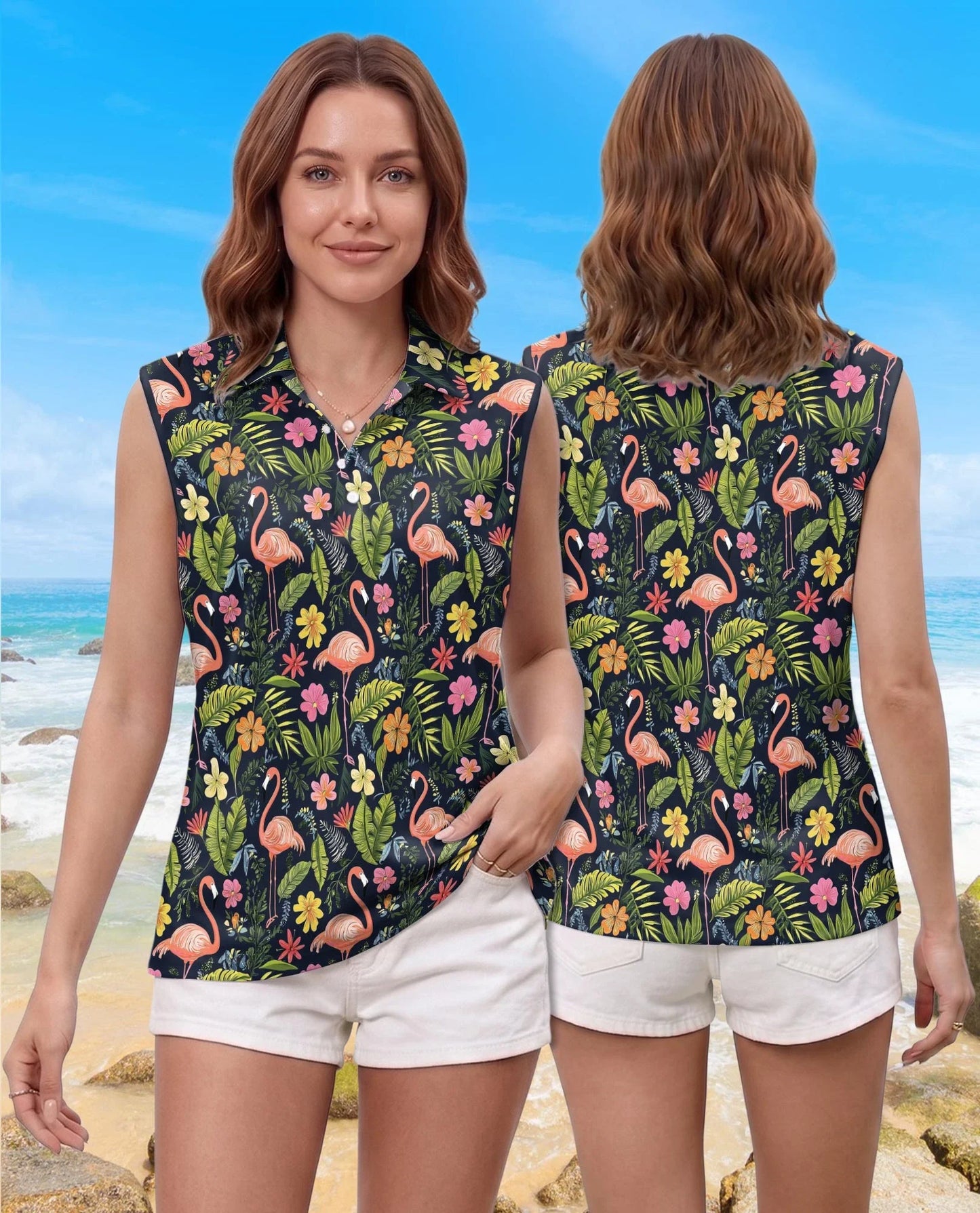 Flamingo Hibiscus Tropical Sleeveless Polo Shirt for Women | Azhawaiian