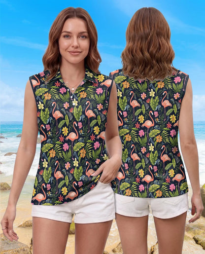 Flamingo Hibiscus Tropical Sleeveless Polo Shirt for Women | Azhawaiian