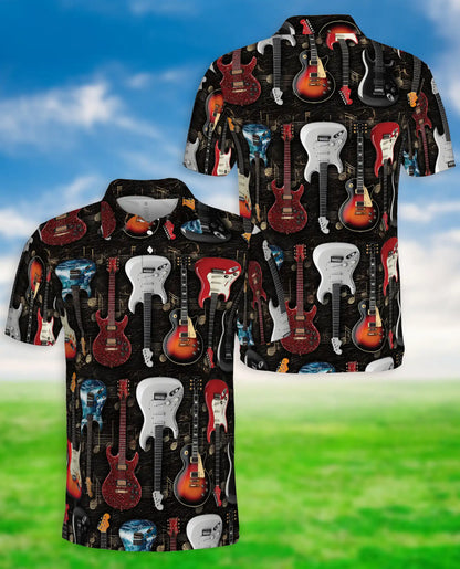 Electric Guitar Hawaiian Polo Shirt | Rock Music Guitar Pattern Shirt | Azhawaiian