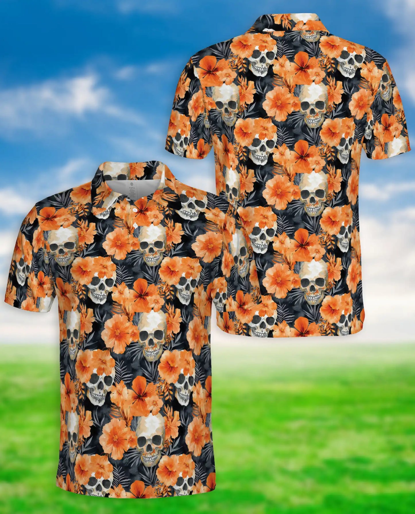 Skull Floral Polo Shirt, Orange Hibiscus Print | Azhawaiian