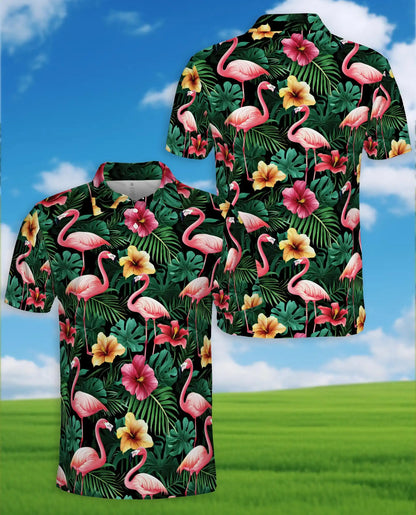 Flamingo Hawaiian Polo Shirt, Tropical Floral Style | Azhawaiian