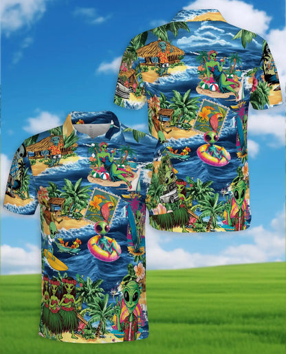 Alien Beach Hawaiian Polo Shirt - Funny UFO Tropical Surfing Design | Azhawaiian