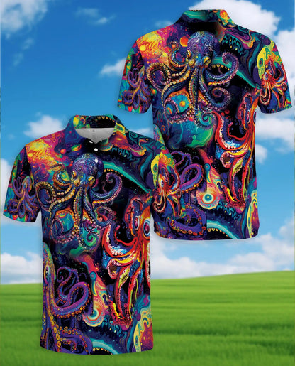 Psychedelic Octopus Polo Shirt, Colorful Ocean Style | Azhawaiian