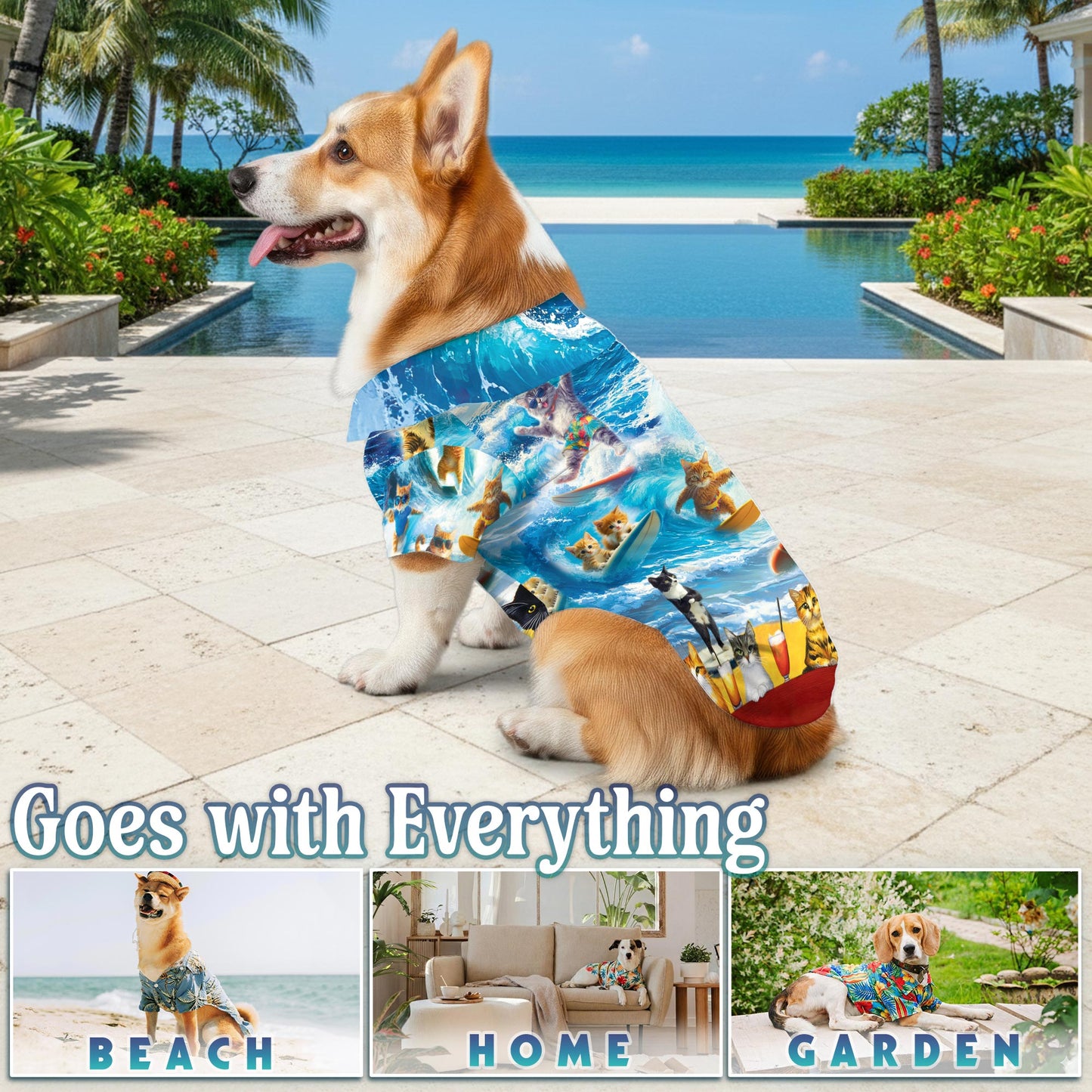 Cat Surfing Matching Dog Owner Hawaiian Shirts, Funny Pet Aloha Shirt for Beach Vacation - Azhawaiian