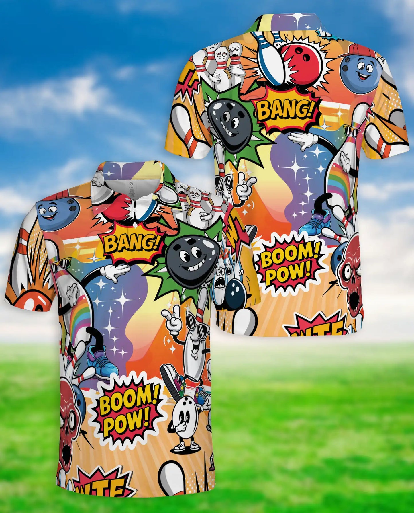 Funny Bowling 3D Polo Shirt for Men, Cartoon Comic Bowling Style | Azhawaiian