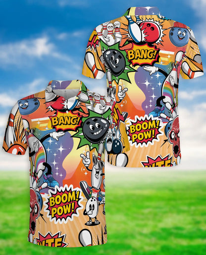 Funny Bowling 3D Polo Shirt for Men, Cartoon Comic Bowling Style | Azhawaiian