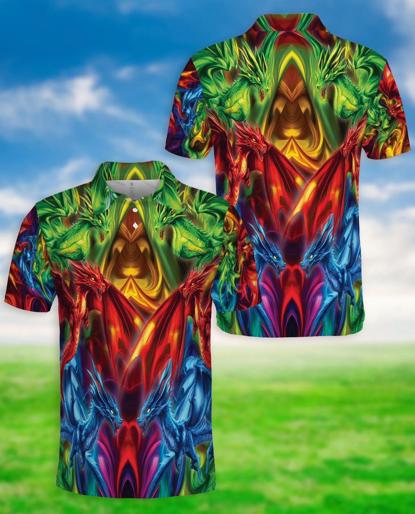 Colorful Dragon 3D Polo Shirt for Men, Fantasy Fire Art Style | Azhawaiian