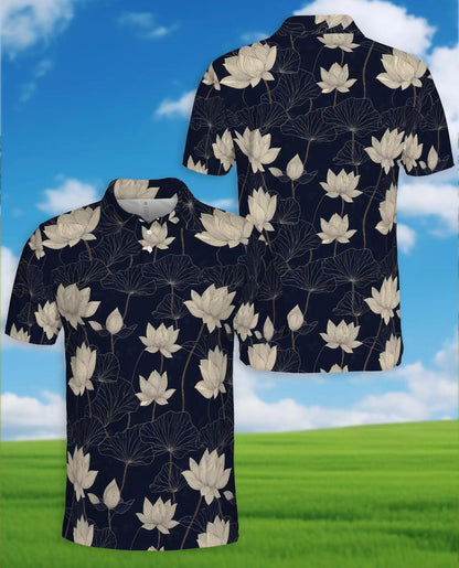 Lotus Flower Polo Shirt for Men, Elegant Botanical Style | Azhawaiian
