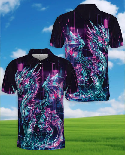 Cyber Dragon Polo Shirt for Men - Neon Fantasy Art | Azhawaiian