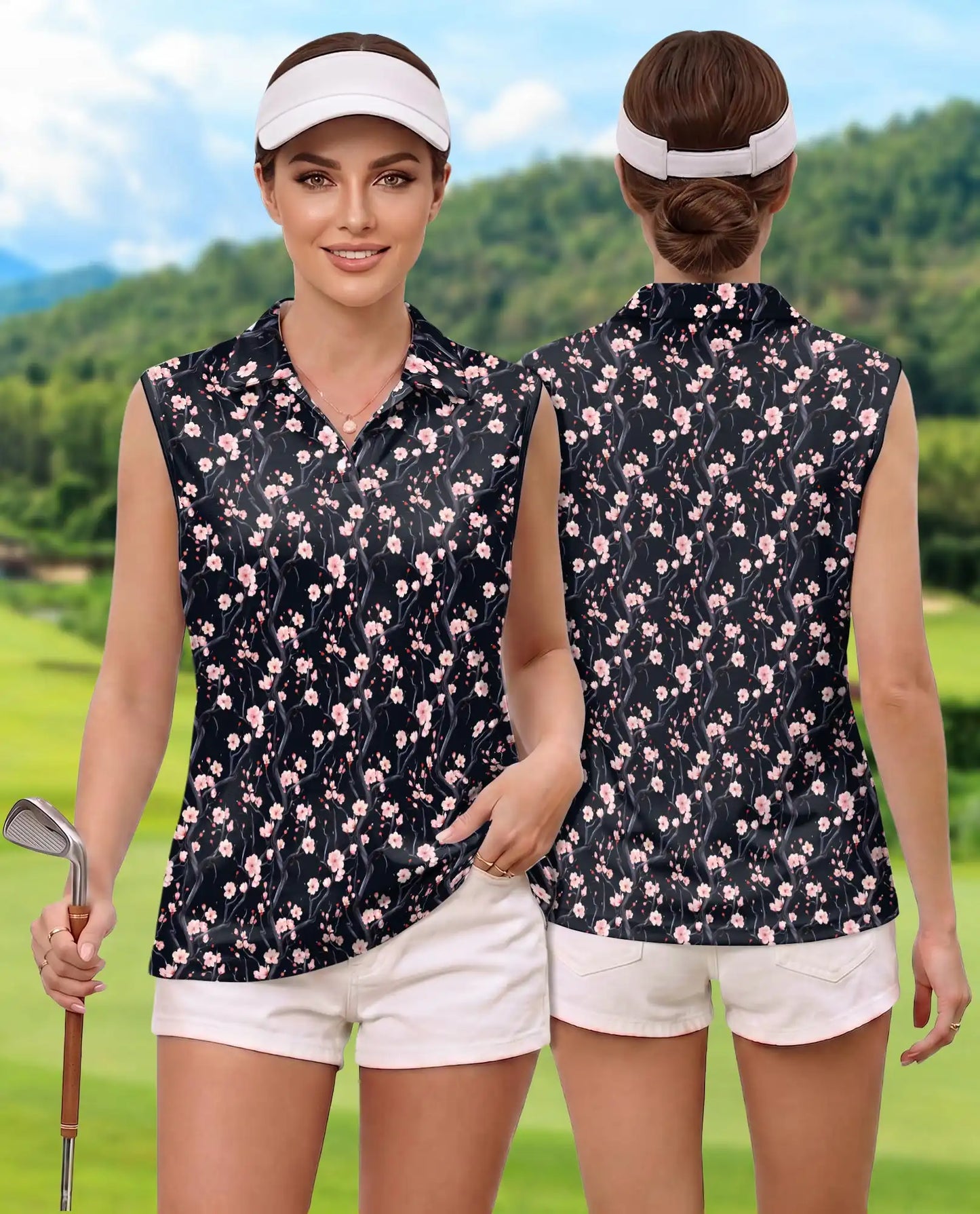 Cherry Blossom Branches Pattern Sleeveless Polo Shirt for Women | Azhawaiian