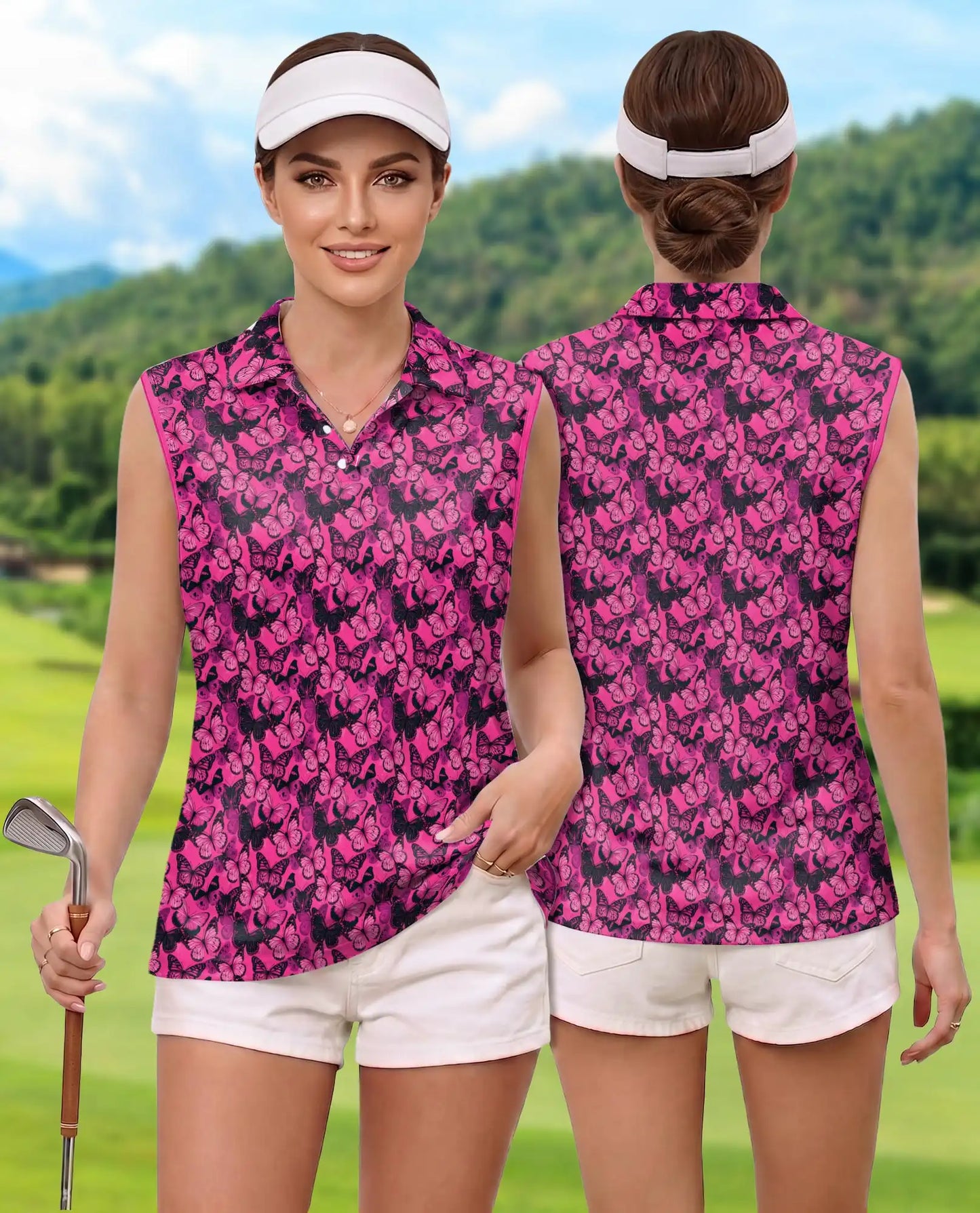 Pink Butterfly Print Sleeveless Polo Shirt for Women | Azhawaiian
