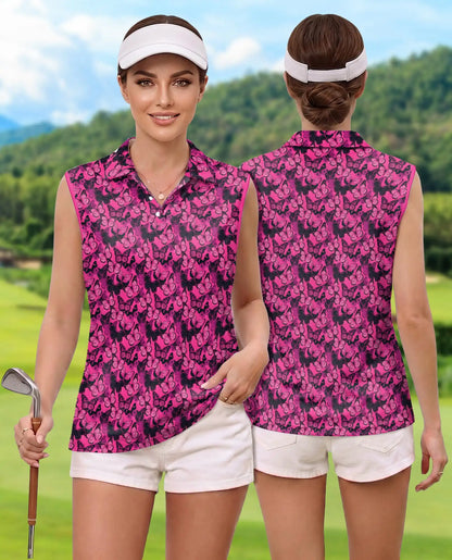 Pink Butterfly Print Sleeveless Polo Shirt for Women | Azhawaiian